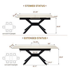 Rectangular Extendable Dining Table With Geometric X Frame, Kitchen Table For Dining Room - Beige