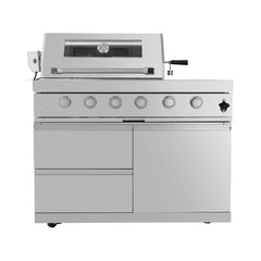 Castelle Flame Imperial 110-Inch 4-Burner 72K BTU Deluxe Stainless Steel Outdoor Kitchen Grill Island With Wine Cooler, Rotisserie, Cabinets, And Granite Countertops (SAK94721)