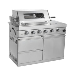 Castelle Flame Imperial 110-Inch 4-Burner 72K BTU Deluxe Stainless Steel Outdoor Kitchen Grill Island With Wine Cooler, Rotisserie, Cabinets, And Granite Countertops (SAK94721)