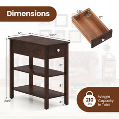 3-Tier Narrow End Table with Drawer and Storage Shelves