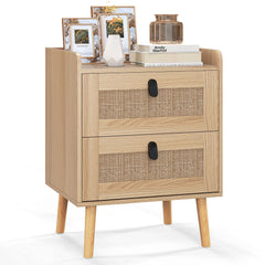 Modern End Table Bedside Table with 2 Rattan Decorated Drawers