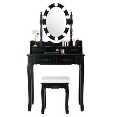 Makeup Dressing Table with Touch Switch Lighted Mirror and Cushioned Stool-Black