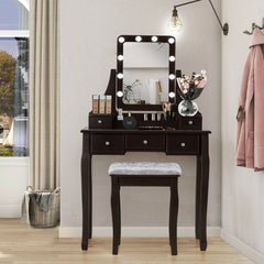 Vanity Dressing Table Set with 10 Dimmable Bulbs and Cushioned Stool-Brown