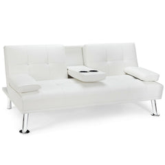 Convertible Folding Leather Futon Sofa with Cup Holders and Armrests