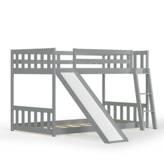 Twin over Twin Bunk Wooden Low Bed with Slide Ladder for Kids