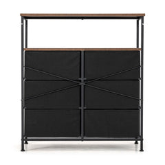 2-Tier Storage Chest with Wooden Top and 6 Fabric Drawers-Rustic Brown