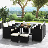 11 Piece Patio Dining Set Wicker Chairs and Tempered Glass Table with Waterproof Cushions-Black & White