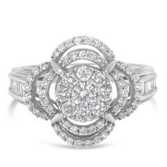 14K White Gold 1.0 Cttw Round & Baguette Cut Diamond Floral Cluster Quatrefoil Channel Set Band Cocktail Statement Ring (H-I Color, SI2-I1 Clarity) - Size 6-3/4