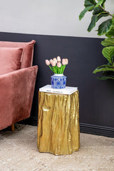 Unique Golden Tree Trunk Stool with Antique Gold Distressed Finish