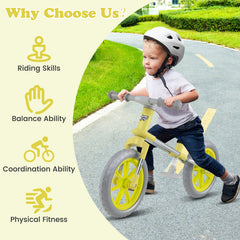 12 Inch Balance Bike with Adjustable Seat and Rotatable Handlebar-Green
