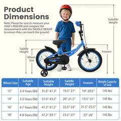 12/14/16/18 Inches Kids Bike with Removable Training Wheels and Adjustable Seatfor 3-8 Years Old Navy
