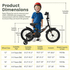 12/14/16/18 Inches Kids Bike with Removable Training Wheels and Adjustable Seatfor 3-8 Years Old Black