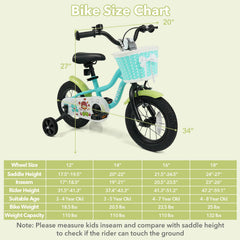 12/14/16 Inch Kids Bike with Training Wheels and Basket Green Color