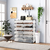 12-Cube DIY Portable Plastic Shoe Rack with Transparent Doors-White