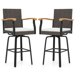 Set of 2 Outdoor 360° Swivel Bar Stool with Cushion and Acacia Wood Armrests