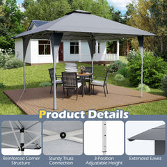 13 X 13 FT Pop up Gazebo with Portable Carrying Bag 8 Stakes and 4 Wind Ropes-Gray