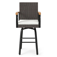 Set of 2 Outdoor 360° Swivel Bar Stool with Cushion and Acacia Wood Armrests