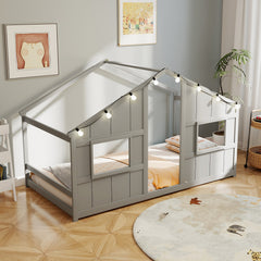 Twin Size House Bed with LED Lights Montessori Slat-free Floor Bed