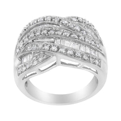 .925 Sterling Silver 1.0 Cttw Channel Set Alternating Round and Baguette Diamond Cross-over Bypass Ring Band (I-J Color, I2-I3 Clarity) - Size 7