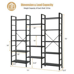 Vintage Triple Wide 5-Tier Bookcase Large Bookshelf Display Storage Shelf
