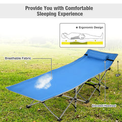 Folding Camping Cot with Side Storage Pocket Detachable Headrest