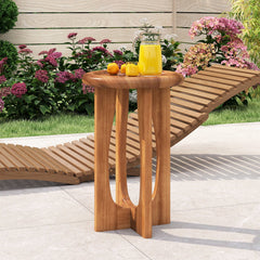 14 Inch Farmhouse End Table with Round Tray Top and Wood Cross Legs