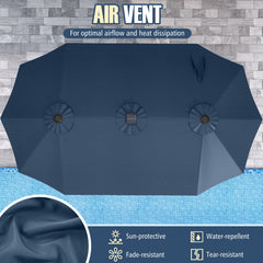 15.5 FT Extra-Large Patio Umbrella with LED Solar Lights and Crank Handle-Navy