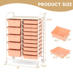 15-Drawer Utility Rolling Organizer Cart Multi-Use Storage-Peach