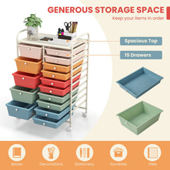 15-Drawer Utility Rolling Organizer Cart Multi-Use Storage-Deep Multicolor