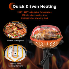 1600W Electric BBQ Grill with Removable Non-Stick Warming Rack-Red