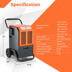 163 Pints Commercial Dehumidifier with Drain Hose and 24H Timer-Gray