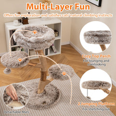 Cat Tree Solid Pear Wood with Perch and Natural Jute Scratching Posts-Brown