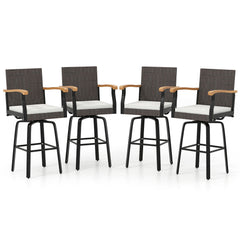 Set of 2 Outdoor 360° Swivel Bar Stool with Cushion and Acacia Wood Armrests