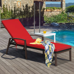 Patio Rattan Lounge Chaise Recliner with Back Adjustable Cushioned-Red