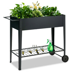Raised Garden Bed Elevated Planter Box on Wheels Steel Planter with Shelf-Black