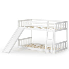 Twin over Twin Bunk Wooden Low Bed with Slide Ladder for Kids