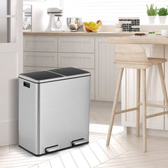 16 Gallon Dual Step Trash Can Recycling Double Bucket Pedal-Silver