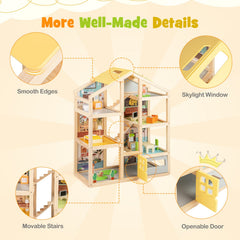 Wooden Dollhouse for Kids Modern Family Pretend Playhouse with Furniture Pieces and Figures-Natural