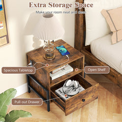 Nightstand with Charging Station and Drawer Sofa Side Table-Rustic Brown