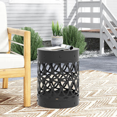 Modern Outdoor Metal End Table with Iron Cut Design in Black