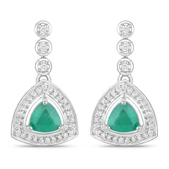 1.39 Carat Genuine Zambian Emerald and White Diamond 14K White Gold Earrings