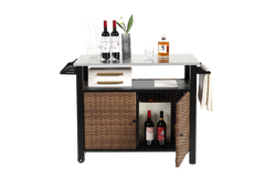 Outdoor Kitchen Wicker Island Rolling Cart & Storage Cabinet Brown