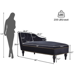 58" Velvet Chaise Lounge with Nailhead Trim and Solid Wood Legs