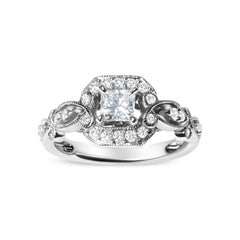 14K White Gold Diamond 3/4 Cttw Diamond Halo Style and Woven Shank Engagement Ring (G-H Color, VS2-SI1 Clarity) - Size 7