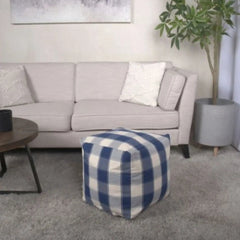 Connor Checkered Square Pouf Ottoman and Floor Cushion Ivory Navy