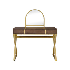 Coleen Walnut & Gold Finish Vanity Desk with Mirror & Jewelry Tray