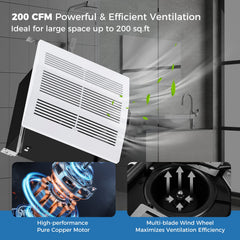 200 CFM Bathroom Exhaust Fan with Metal Housing and 6 Inches Duct for 200 Sq.Ft