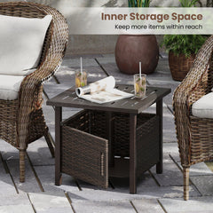 Outdoor Side Table with 1.93" Umbrella Hole All-Weather PE Wicker Patio Umbrella Table-Brown