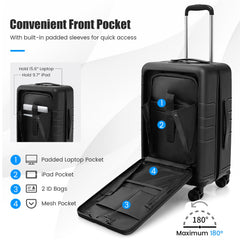 20 Inch Carry-on Luggage PC Hardside Suitcase TSA Lock with Front Pocket and USB Port