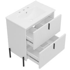 White Fluted Bathroom Vanity with Ceramic Sink and Soft Close Drawers
